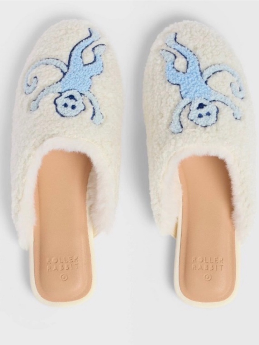 Roller Rabbit Women Sherpa Slippers with Blue Monkey Fuzzy Embroidery Size 6 NWT